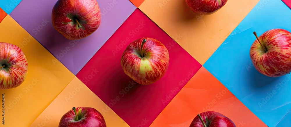Poster Top view of several red apples displayed on a colorful backdrop featuring an autumn themed arrangement An apple is shown from above with copy space image for designs or text