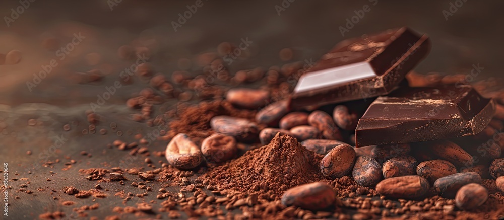 Leinwandbilder dark chocolate cocoa beans and powder displayed on a concrete table with copy space image