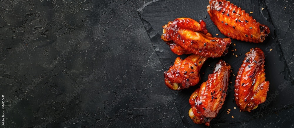 Aufkleber Buffalo chicken wings with sweet and sour sauce and black sesame seeds on a black background in a top down view with copy space image