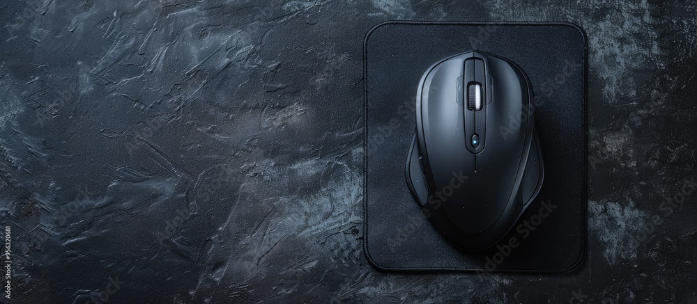 Poster top view of a wireless mouse with a mousepad on a textured black table providing ample copy space im