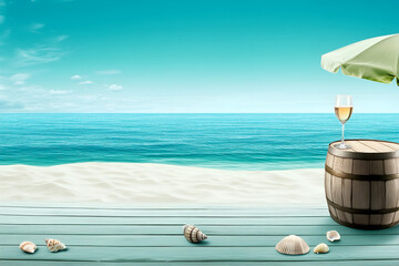 Obraz premium A wine glass on a wooden table with seashells, against a sunny beach with a blue sea and umbrella.