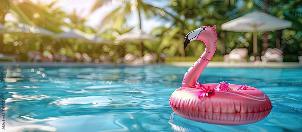 Poster a flamingo rubber ring drifts in a luxurious pool at a hotel resort serving as a fun inflatable acce