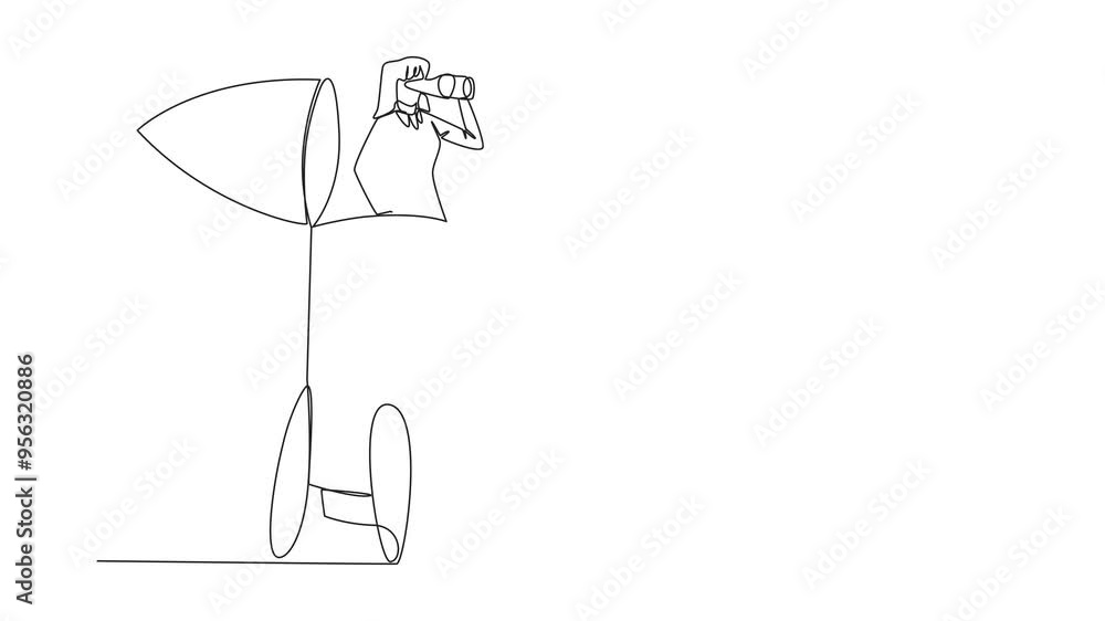 Poster animated self drawing of continuous one line drawing businesswoman exits rocket looking for somethin