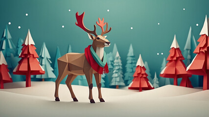 a deer with a scarf on its neck stands in front of a snowy background with trees and snowflakes