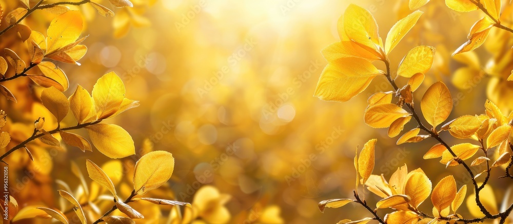 Aufkleber Golden autumn scene in the forest with branches adorned in yellow leaves creating a natural background for a copy space image