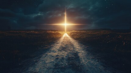 A crossroad leading into light and darkness, each path representing different choices and outcomes, with ample space for messaging.