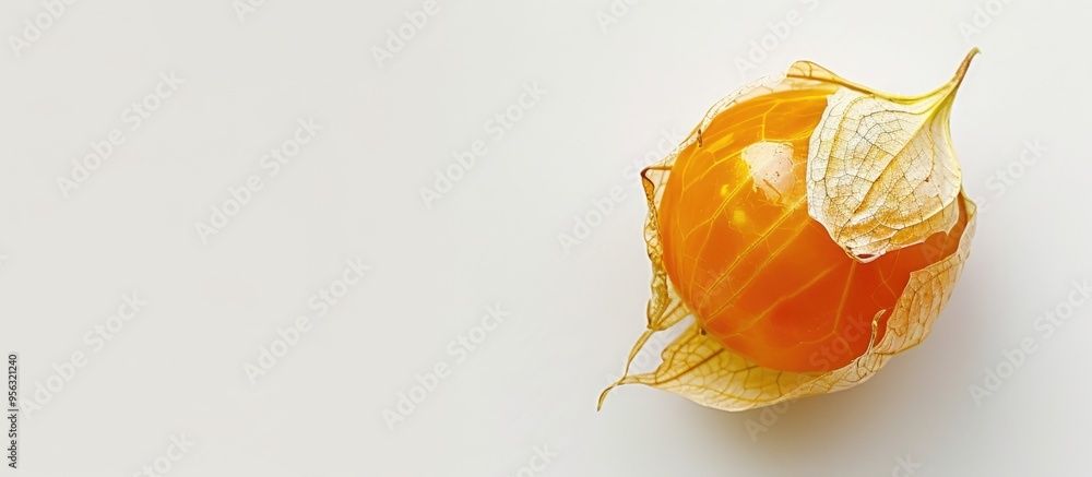 Poster a cape gooseberry or physalis is seen from above on a white background allowing for text placement i