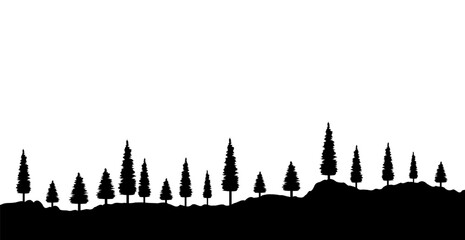 Black Silhouette Mountain And Tree. Wild Forest On White Background. Wallpaper. Vector Illustration. Decoration
