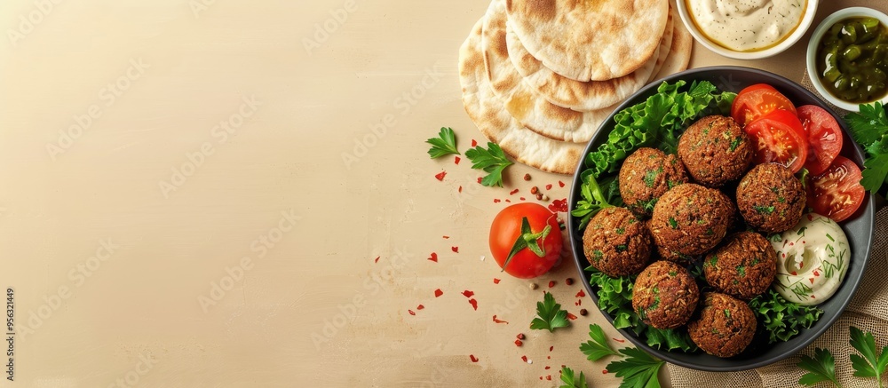 Aufkleber a plate with appetizing falafel tomato sauce and pita on a beige background with copy space image
