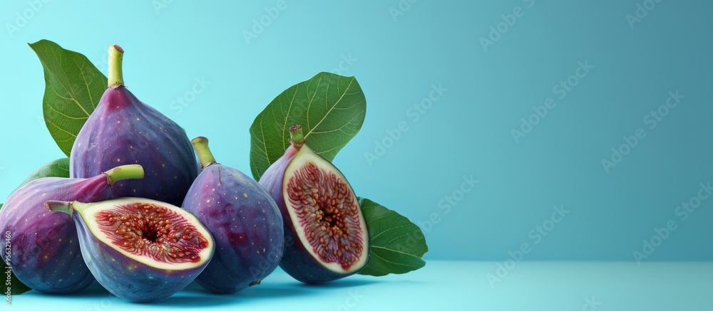 Poster ripe figs displayed on a blue backdrop with copy space image