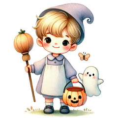 Cute child in Halloween costume holding a pumpkin bucket, accompanied by a ghost and butterfly. Perfect for holiday-themed designs.