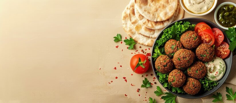 A plate with appetizing falafel tomato sauce and pita on a beige background with copy space image