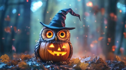 Pumpkin Owl with Witch Hat on Its Head, Halloween 3D Illustration. AI generated illustration.