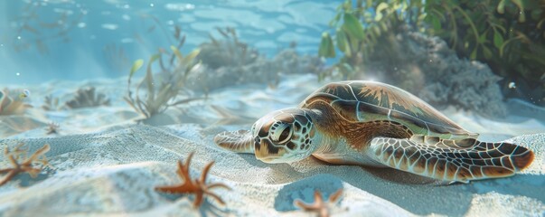 Obraz premium Serene sea turtle resting on sandy seabed, 4K hyperrealistic photo