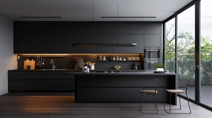 a minimalist kitchen with matte black finishes and minimalist decor