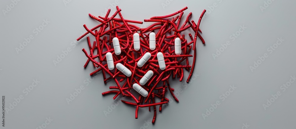 Poster Top down view of red string arranged in a heart shape with white pills on a plain background ideal for a copy space image