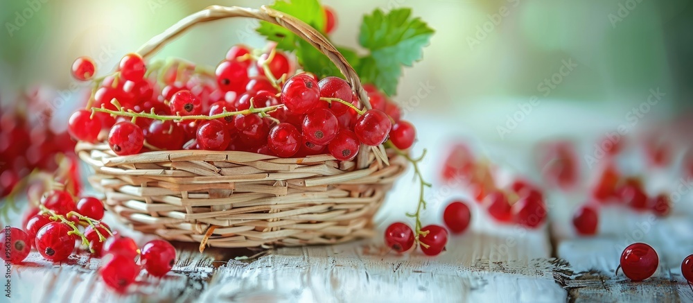 Leinwandbilder close up view of red currant berries in a basket on a white wooden table with space for text or imag
