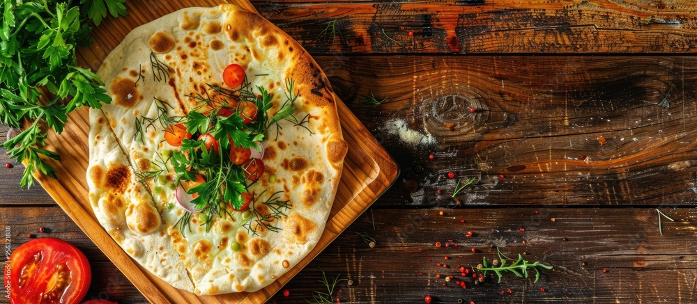 Poster Top view of a Gozleme flatbread with a vegetable salad garnish on a wooden background with copy space for image integration