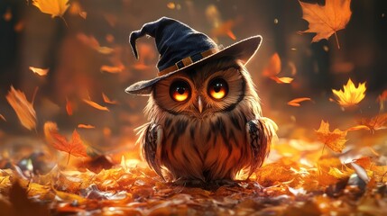 Pumpkin Owl with Witch Hat on Its Head, Halloween 3D Illustration. AI generated illustration.