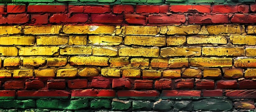 Lithuanian flag displayed on a textured brick wall with yellow green and red stripes symbolizing the republic s state colors Commemorating the Day of Restoration of Independence with a copy space imag