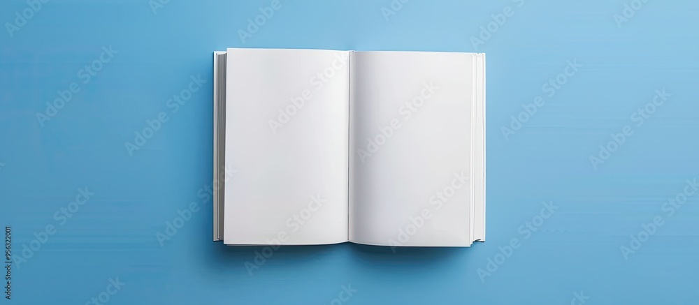 Poster top down flat lay of an open blank white book on a blue desk with copy space image