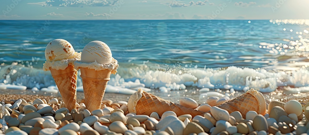 Poster relaxing on the pebble beach indulging in ice cream treat with empty cones on display against a back