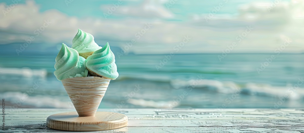 Poster Mint ice cream in wafers displayed on a wooden stand on a table with a blurry sea backdrop in shades of blue Perfect for product advertising with copy space image
