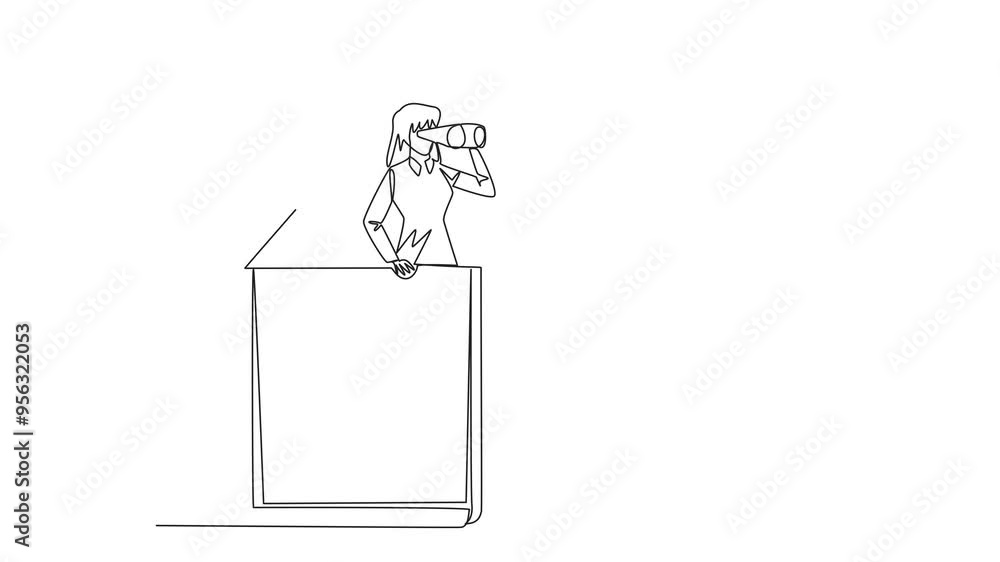 Poster animation of a continuous one line drawing businesswoman comes out of a clipboard looking for someth