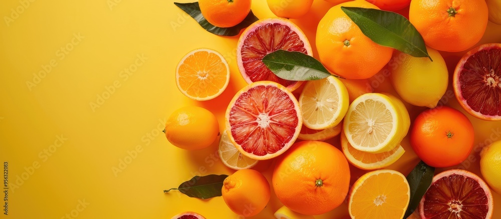 Leinwandbilder various exotic fruits such as oranges tangerines lemons and blood oranges are arranged in a flat lay