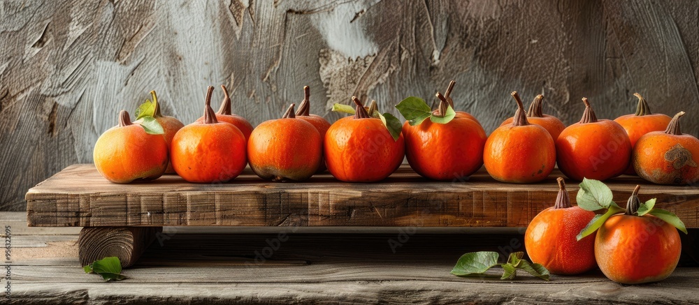 Aufkleber Wooden board featuring luscious ripe persimmons with a background suitable for adding text or graphics copy space image