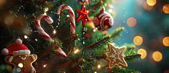 A close up image of Christmas tree branches adorned with festive ornaments like a gingerbread ox representing Chinese New Year in a Santa hat candy canes star cookies lit by cozy fairy lights