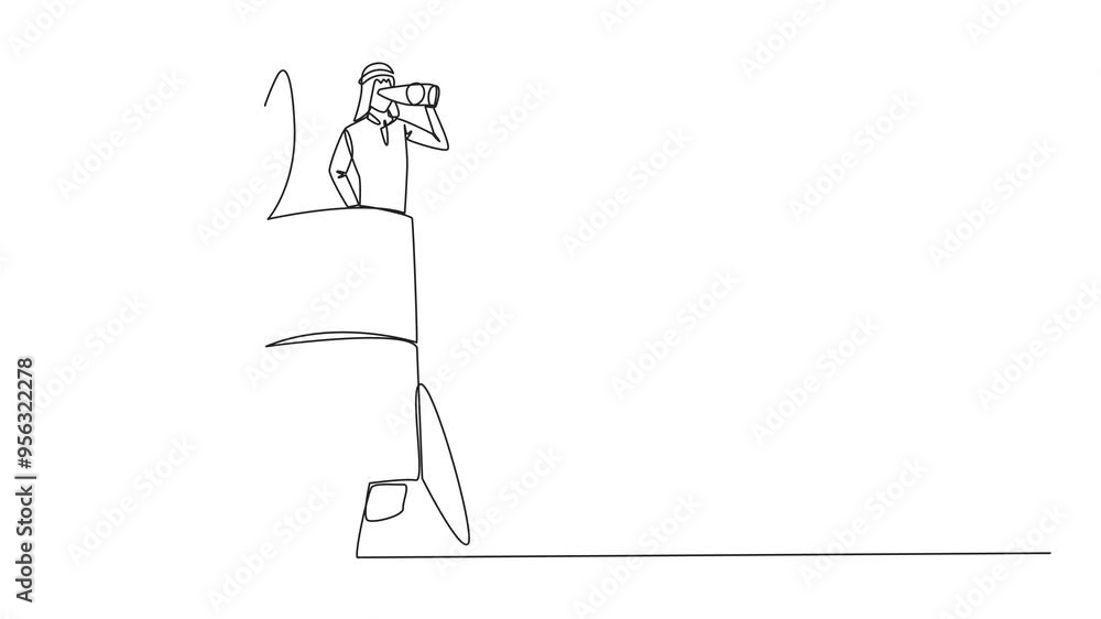 Poster animation of single continuous line drawing arab businessman emerges from rocket looking for somethi