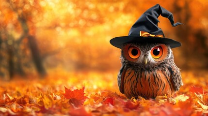 Pumpkin Owl with Witch Hat on Its Head, Halloween 3D Illustration. AI generated illustration.