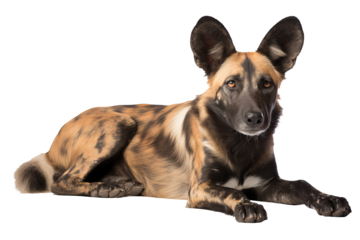 African wild dog standing alert with distinctive coat pattern on transparent background for easy integration