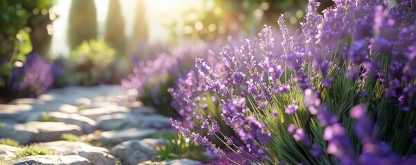 Fragrant lavender bush in sunny garden, 4K hyperrealistic photo