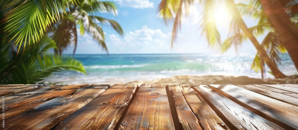 Poster A perfect summer scene with a sunny tropical beach and palm trees in the blurred background creating an ideal setting for a wooden table showcasing products with a copy space image