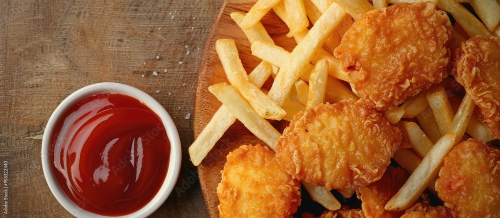 Aufkleber close up of a wooden board with a variety of appetizing fast food items like fries nuggets and sauce