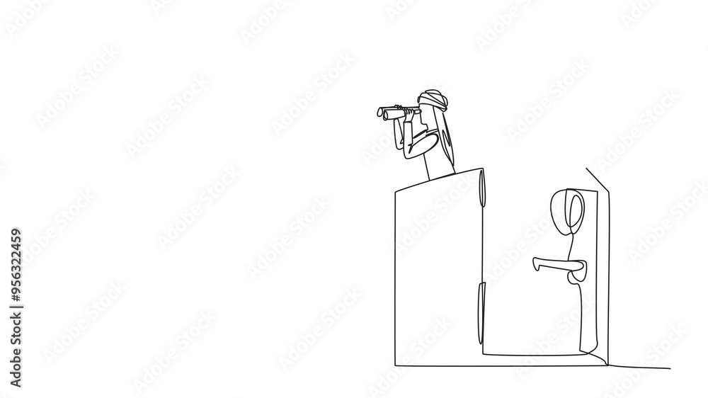 Poster animated self drawing of single one line drawing arabian businessman pops out of safe deposit box lo