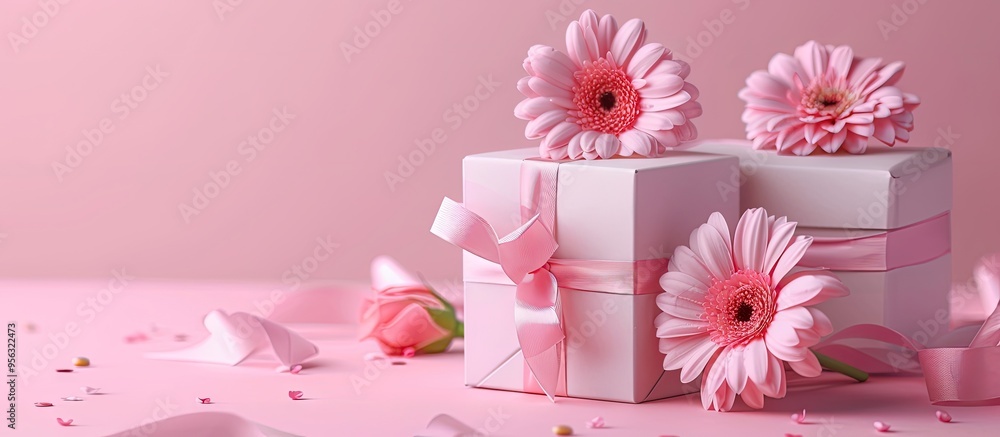 Poster international women s day gift boxes featuring lovely rose and gerbera decorations on a pink backgro