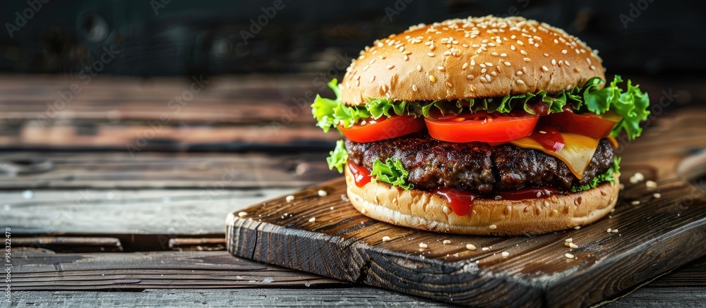 Poster a homemade hamburger with sesame seeds on a dark wooden surface set against a white wood background 