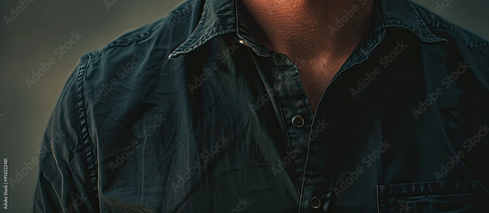 Poster blurry shot showing a dark male shirt up close with a space for text or an image. creative banner. c