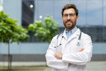 Confident male doctor standing outdoors wearing white coat and stethoscope. Shows positive attitude and professionalism, symbolizing success and dedication in medical field.