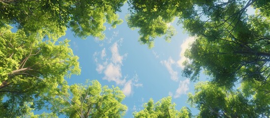 Looking up through the treetops creates a natural copy space image as the greenery surrounds the clear blue sky