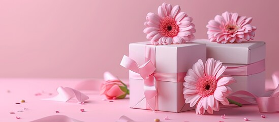 International Women s Day gift boxes featuring lovely rose and gerbera decorations on a pink background with copy space image