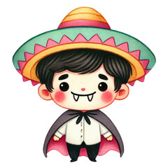 Cute cartoon of a boy vampire wearing a traditional sombrero. Fun and playful Halloween illustration with cultural twist.