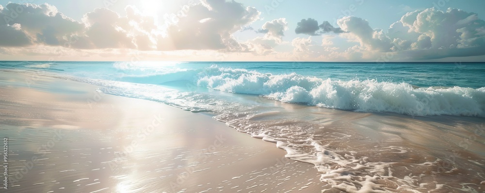 Poster Sunlit beach with gentle waves and clear water, 4K hyperrealistic photo