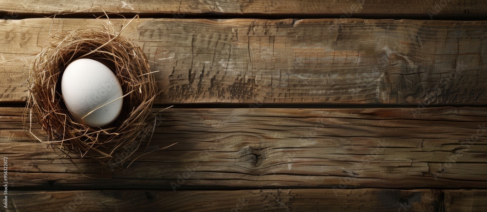 Poster wooden background with an egg in a nest perfect for easter celebrations includes copy space image