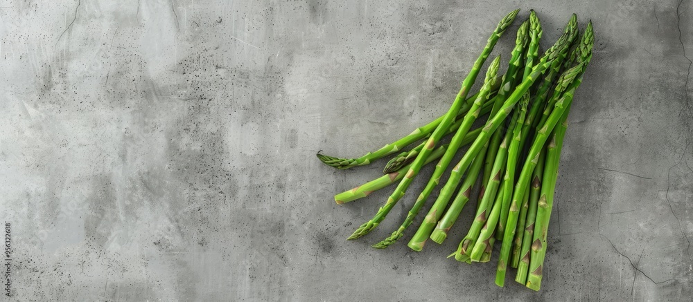 Leinwandbilder top view of fresh asparagus displayed on a concrete background with a copyspace image