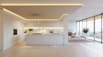 a minimalist kitchen with recessed lighting and an open floor plan