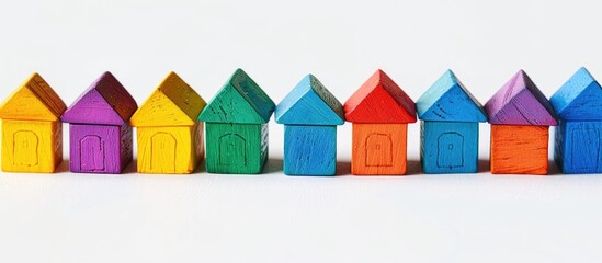 Row of colorful toy blocks forming mini houses on white background symbolizing business and real estate with copy space image